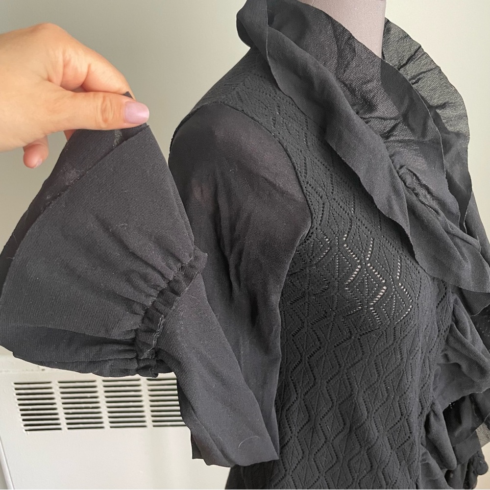 An’ge black ruffled trim cardigan with mesh bell sleeves